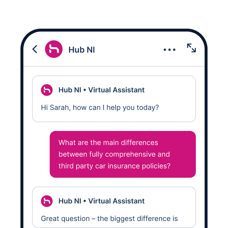 Mobile chat with Hub NI Virtual Assistant where the user asks about differences between comprehensive and third-party car insurance.